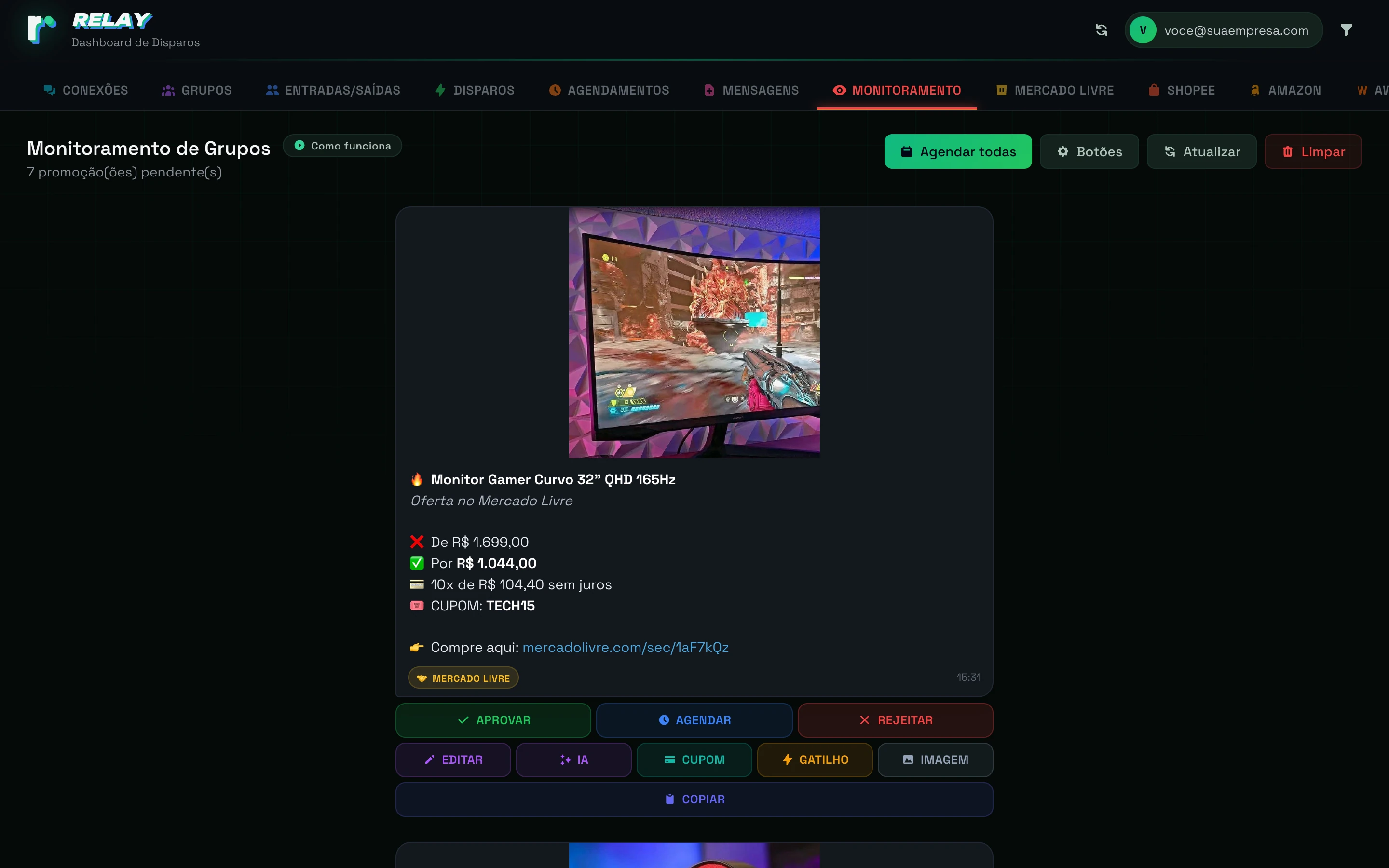 Monitoramento do Relay com uma oferta pendente de aprovação (dados de demonstração)