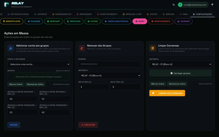 Painel Relay: ações em massa com intervalo configurável